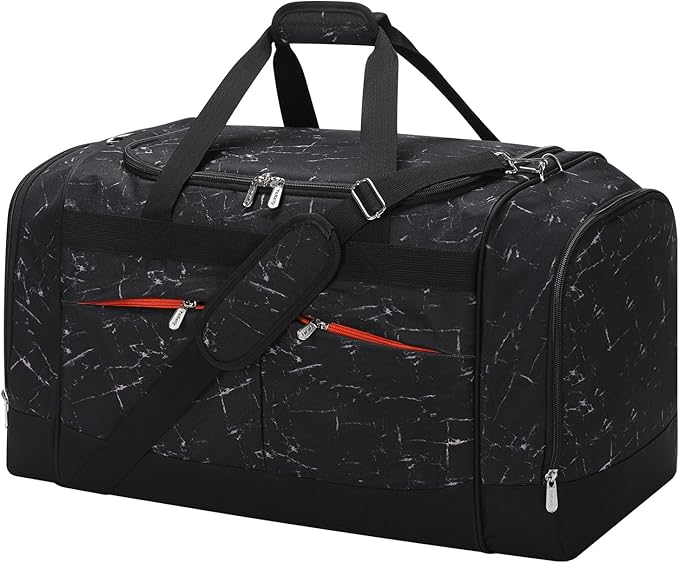 24 inch Large Gym Bag for Men - 65L Hard Bottom Duffle Bag with Shoes Compartment for Sport/Travel - Marble Black
