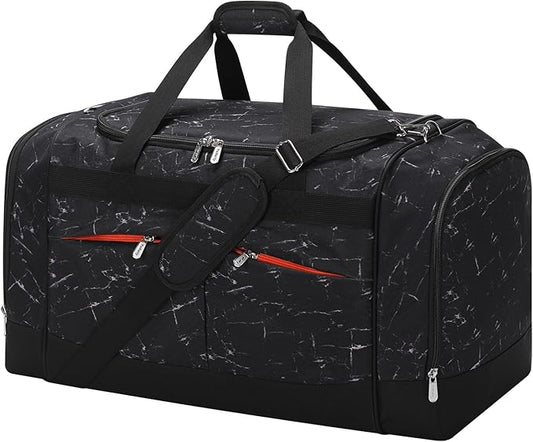 24 inch Large Gym Bag for Men - 65L Hard Bottom Duffle Bag with Shoes Compartment for Sport/Travel - Marble Black