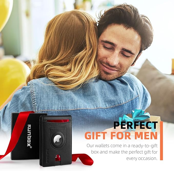 RUNBOX AirTag-Wallet-Mens-Slim-RFID Blocking Wallets Leather with Bill Compartment Air Tag Bifold Card Holder Wallet Gifts for Men Dad