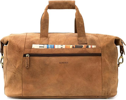Leabags Leather Weekender | Genuine Leather Premium Travel Bag | 41L Sports Duffle Gym Training Airplane Bag | Large | Natural Light Brown | for Women & Men