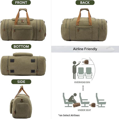 Sucipi Canvas Travel Duffel Bag for Men, Weekend Overnight Bag with Shoe Compartment and Toiletry Bag, Carry-On for Airplanes, Army green