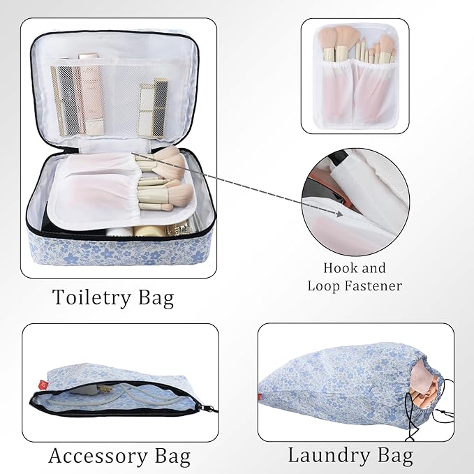 U+U 8 Set Compression Packing Cubes - Ultralight Travel Organizers with Laundry Bag and Cosmetic Bag, Space-Saving Suitcase Organizer for Travel, Business Trip and Family Vacation (Blue Flower)