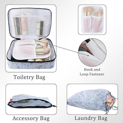 U+U 8 Set Compression Packing Cubes - Ultralight Travel Organizers with Laundry Bag and Cosmetic Bag, Space-Saving Suitcase Organizer for Travel, Business Trip and Family Vacation (Blue Flower)