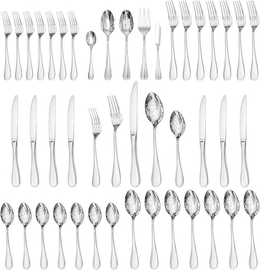 KINGSTONE 45 Piece Silverware Set for 8 with Serving Utensils, 18/10 Stainless Steel Flatware Set, Modern Design Cutlery Set for Home/Hotel/Wedding,Mirror Polished and Dishwasher Safe