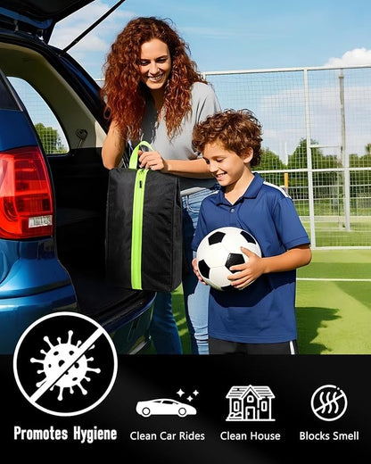 Smell Proof Shoe Bags for Travel-Soccer Cleat Bag Smell Proof with Active Carbon Fabric | Odor-Absorbing Water-Resistant Track Shoe bags for Sports (2 Black with Green, UP TO US14)