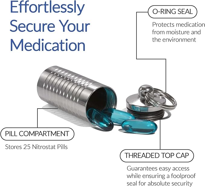 Cielo Pill Holders - Wide Single Chamber Nitroglycerin Keychain Pill Holder, Made in USA, Stainless Steel Pill Keychain Container, Waterproof Pill Case with Customizable Chambers