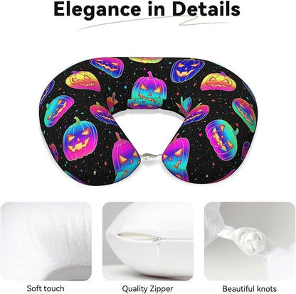 Neck Travel Pillow, Breathable Memory Foam Chin & Head Support Cushion Halloween Trippy Neon Pumpkin Skull for Airplane Car Sleeping Rest