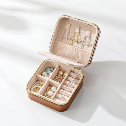 Genuine Leather Travel Jewelry Organizer Case with Mirror for Women, Small Mini Portable Jewelry Box for Earring, Ring, Necklace, Bracelet（Brown）
