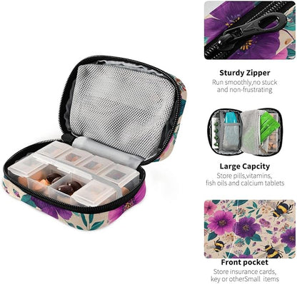 Beige Bees and Colorful Flowers Travel Pill Organizer Case Box Container Weekly Portable Vitamin Medicine Holder Storage Bag with Zipper Removable