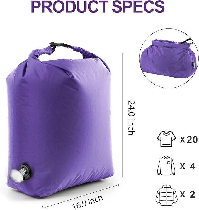 Travel Laundry Bag, Vacuum Compression Dirty Clothes Travel Bag Waterproof Wet Dry Bags Large Capacity Space Saver Bags Reusable Camp Clothes Organizer for Sports Dorm Laundromat (1 Pcs) (Purple, L）