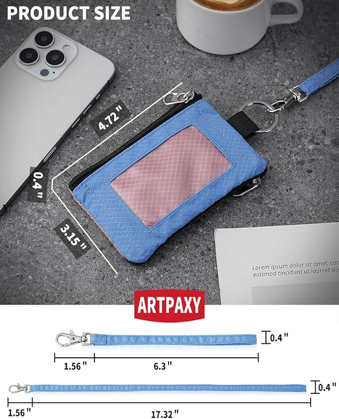 Minimalist Wallet For Mens Womens, Keychain RFID Blocking Zipper Small Wallet with ID Window 2 Lanyards,Water Resistant Travel Cash Card Coin Case Boys Girls