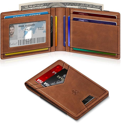 Wallet for Men Slim Leather Wallets for 13-17 Cards, RFID Blocking Thin Card Holder Wallet with ID Window & Large Capacity Cash Slot, Minimalist Bifold Small Wallet for Front Pocket, Gift for Men