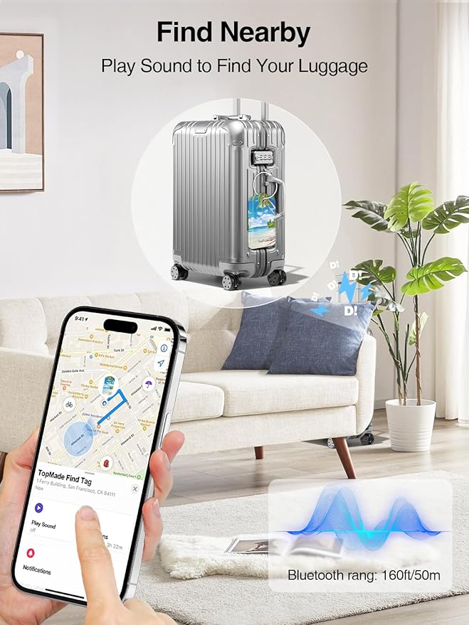 TopMade Smart Luggage Tag with Find My, Premium Leather Luggage Tags for Suitcase, Travel Bags, Backpacks, Anti-Lost Suitcase Tag Tracker for Travel with Privacy Name Card, Rechargeable