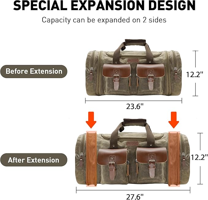 Wildroad Waxed Canvas Duffle Bag - 60L Waterproof Genuine Leather Weekender Overnight Travel Hand Bag