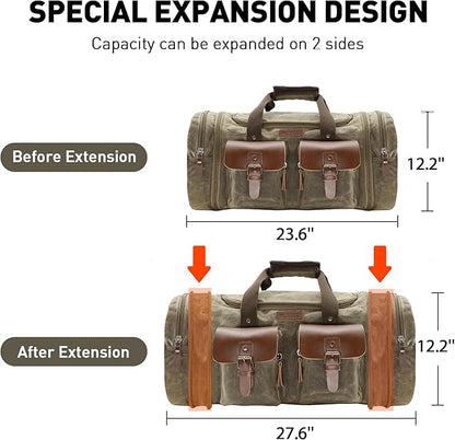 Wildroad Waxed Canvas Duffle Bag - 60L Waterproof Genuine Leather Weekender Overnight Travel Hand Bag