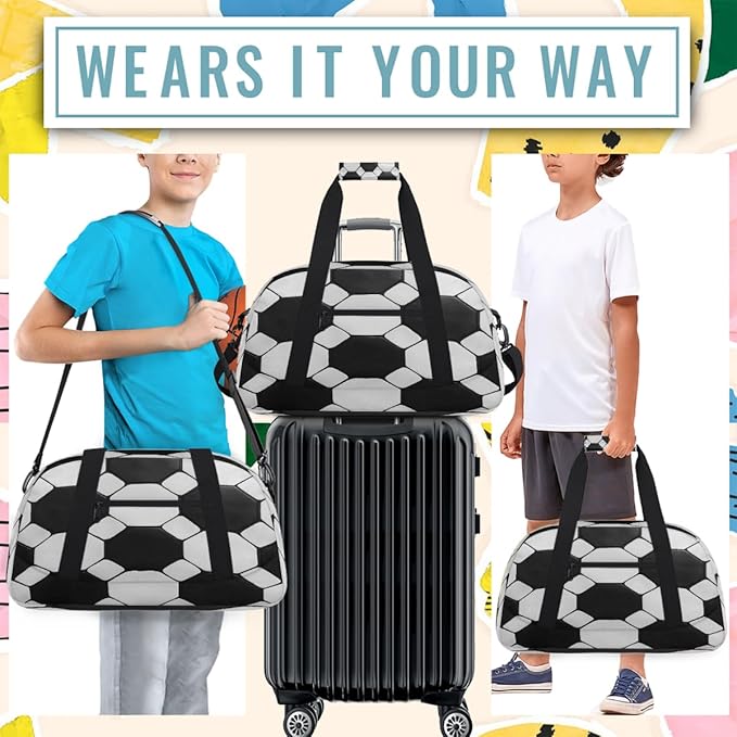 Kids Duffle Bag Girls Boys Black White Soccer Ball Sports Texture Weekender Overnight Bag,Lightweight Duffel Bags for Traveling Gym Sport Dance