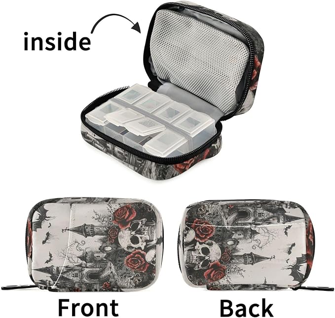 Pill Organizer Box Case Weekly Travel Pill Container Holder 7Day Cute Vitamin Organizer Dispenser Sorter Planner Storage Small Compact Halloween Castle Skull Rose Bat05