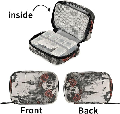Pill Organizer Box Case Weekly Travel Pill Container Holder 7Day Cute Vitamin Organizer Dispenser Sorter Planner Storage Small Compact Halloween Castle Skull Rose Bat05