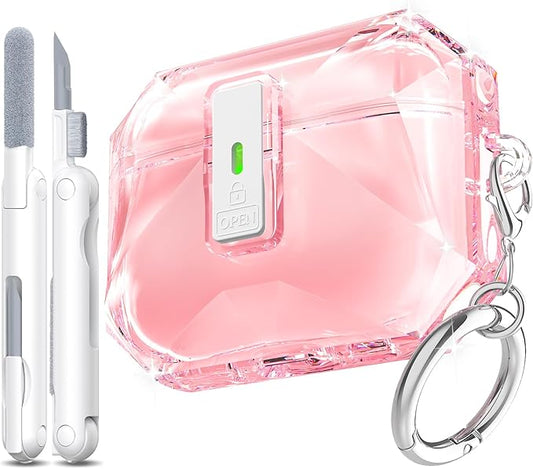 R-fun for AirPods Pro 3 Case (2025) Cover with Cleaning Kit, Military-Grade Shockproof Transparent Non-Yellowing, Auto Pop-Up Lid Design for AirPods Pro 3rd Generation Case, Clear Pink
