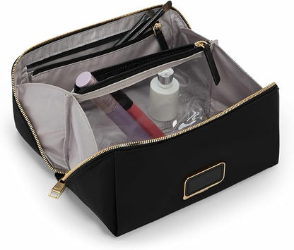 TUMI - Voyageur Dallas Cosmetic Bag - Lay-Flat Travel Makeup Organizer - Packable Travel Kit - Black with Gold Hardware