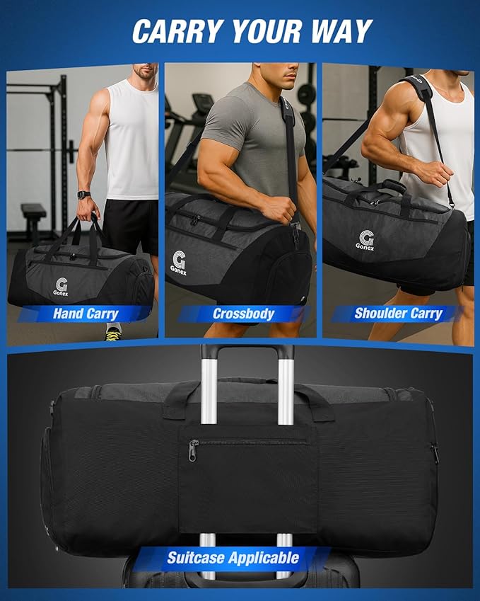 Gonex Gym Duffel Bag with Shoe Compartment Wet Pocket, Large Capacity Sports Duffle Bag for Men Women, Workout & Travel Bag with Multiple Pockets, Black, Medium (60L)