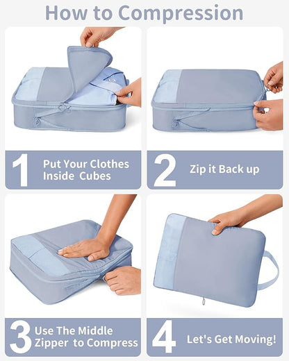 Compression Packing Cubes - 11 Set Suitcase Organizers, Expandable Luggage Bags with Blue Travel Essentials
