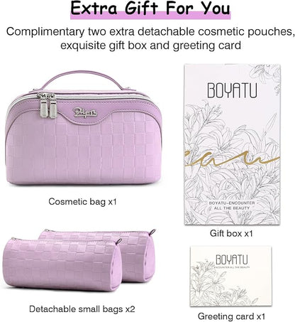 BOYATU Travel Makeup Bag Organizer Cosmetic Bag: 3 Pcs Set Make up Bags for Women with Handle - Waterproof Vegan Leather Toiletry Bags Travel Essentials Pouch with Compartments (02-Purple)