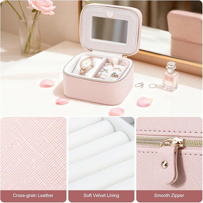 DesignSter Travel Jewelry Case,Small Jewelry Box with Mirror,Leather Material Travel Jewelry Case Organizer, Portable Jewelry Organizer with Zipper(Pink