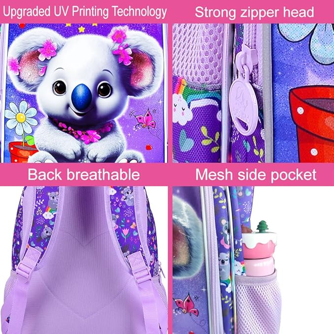 WZLVO 3PCS Backpack for Girls, 16" Kids Koala Preschool Bookbag with Lunch Box，Cute Animal Water Resistant School Backpacks Set for Elementary Kindergarten