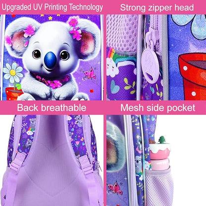 WZLVO 3PCS Backpack for Girls, 16" Kids Koala Preschool Bookbag with Lunch Box，Cute Animal Water Resistant School Backpacks Set for Elementary Kindergarten