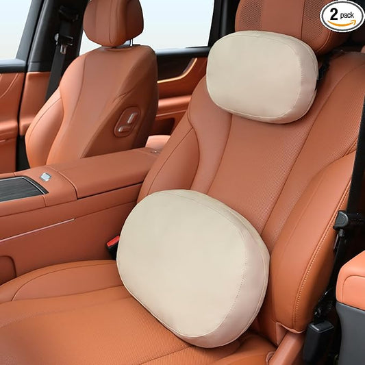 FLORICH Double-sided Car Headrest & Lumbar Support Cushion Skin-friendly Suede & Leather Car Seat Pillow and Back Support Soft Neck & Tailbone Cushion for Car Office Chair Neck Back Pain Relief, Beige