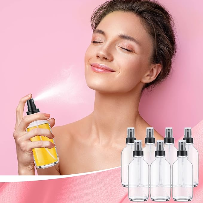 Fumete 36 Pcs Glass Spray Bottles 4oz Fine Mist Glass Spray Bottle Refillable Liquid Containers with 6 Labels 6 Funnel for Hair Travel Plants Cleaning Solutions Skin Care(Clear,Classic)