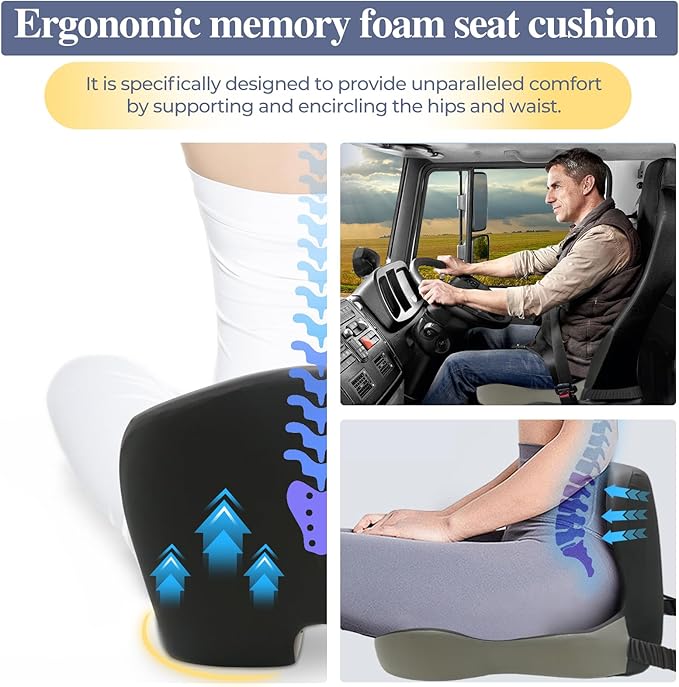 Memory Foam Seat Cushion for Sciatica & Back Pain Relief - Ergonomic Chair Pad with Adjustable Strap & Supportive Comfort Cover, Non-Slip for Car, Truck, Office Chair - Dark Gray&Light Gray