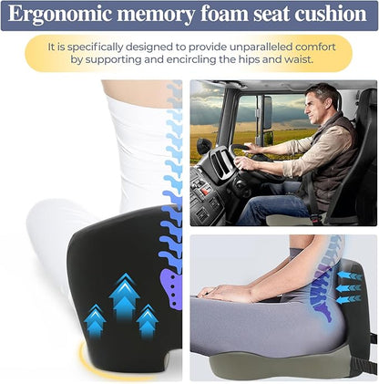 Memory Foam Seat Cushion for Sciatica & Back Pain Relief - Ergonomic Chair Pad with Adjustable Strap & Supportive Comfort Cover, Non-Slip for Car, Truck, Office Chair - Dark Gray&Light Gray