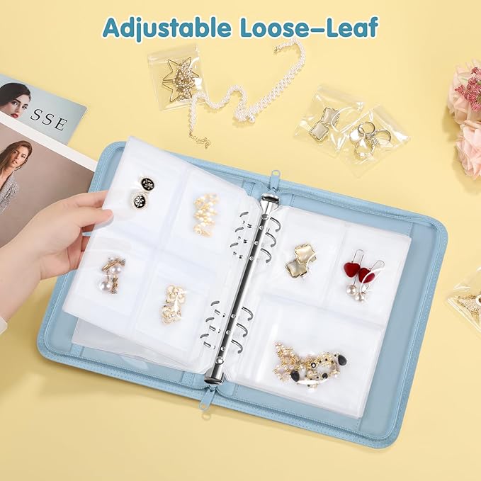 Jewelry Travel Organizer Case, PU Leather Portable Jewelry Storage Book with Transparent Pockets Zipper Bag for Necklaces, Earrings, Bracelets(48 Grids+48 Thicken PVC Bags),WatercolourBlossoms