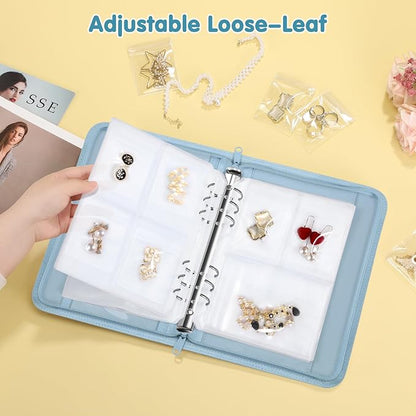 Jewelry Travel Organizer Case, PU Leather Portable Jewelry Storage Book with Transparent Pockets Zipper Bag for Necklaces, Earrings, Bracelets(48 Grids+48 Thicken PVC Bags),WatercolourBlossoms