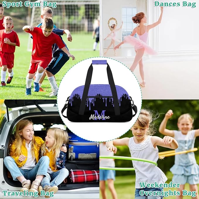 Personalized Kids Sports Duffel Bag with Name Custom Weekender Overnight Bag for Boys Girls Gym Bag Travel Dance Gymnastics Duffel Bag, Blue Purple Glitter