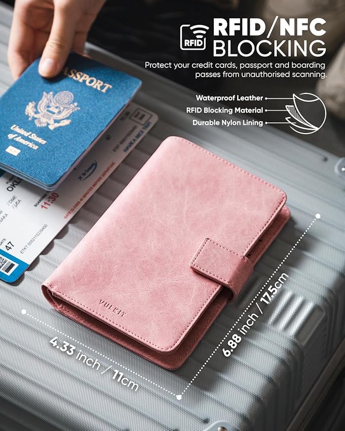 VULKIT Passport Holder with Airtag Holder RFID Blocking Passport Wallet Travel Leather Passport for Women(Pink)