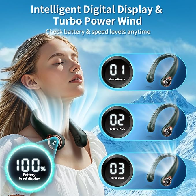 Portable Neck Fan with 6000mAh USB - Rechargeable Battery, 360° Cooling Wearable Fan, 3 Speeds, Ultra-Light Bladeless Neck Fan LED Display (Green)