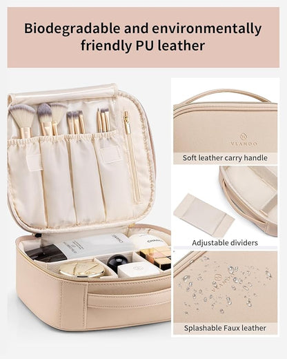 Vlando Travel Makeup Bag, Large Capacity Cosmetic Bag for Women PU Leather Makeup Case Organizer Portable Make up Bag with Dividers and Handle for Girls,Wedding,Makeup Brushes Milk Tea