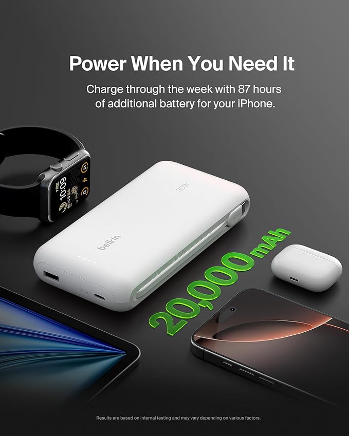 Belkin Portable Charger, Power Bank with Integrated Cable 20000 mAh 30W - Fast Charging USB C Power Delivery - iPhone 17, Air, Pro, Pro Max, iPad, AirPods, Apple Watch, Galaxy S25, & More - White