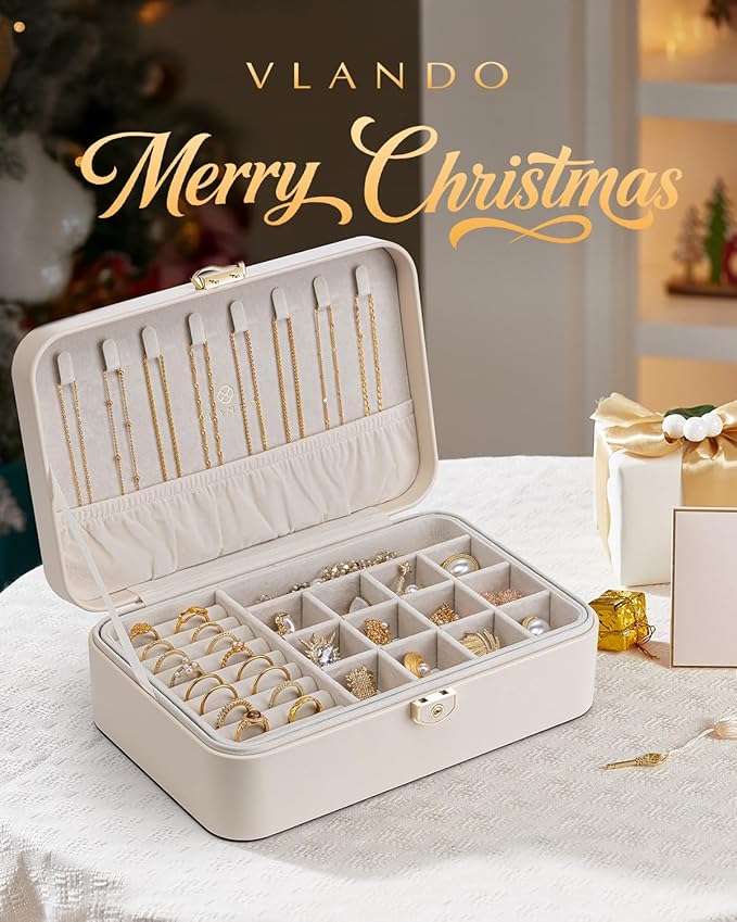 Vlando Jewelry Box Organizer for Women Girls, 2 Layer Jewelry Case with Lock,Jewelry Storage Earrings Necklace,Rings,Gift for Teachers Wedding Birthday Gifts-Cream White