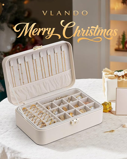 Vlando Jewelry Box Organizer for Women Girls, 2 Layer Jewelry Case with Lock,Jewelry Storage Earrings Necklace,Rings,Gift for Teachers Wedding Birthday Gifts-Cream White