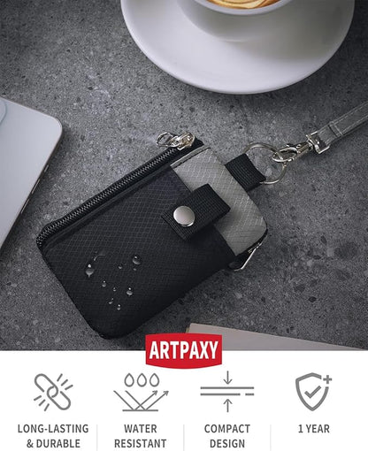 Minimalist Wallet For Mens Womens, Keychain RFID Blocking Zipper Small Wallet with ID Window 2 Lanyards,Water Resistant Travel Cash Card Coin Case Boys Girls