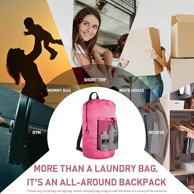 Laundry Bag Backpack Large Travel Laundry Bag with Adjustable Shoulder Straps Portable Laundry Hamper for College, Dorm, Apartment Camp