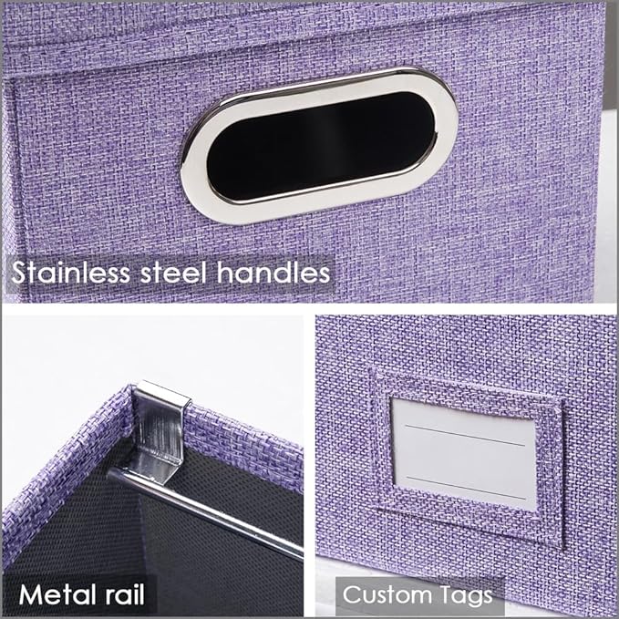 PRANDOM File Organizer Box - Set of 4 Collapsible Decorative Linen Filing Storage Hanging File Folders with Lids Office Cabinet Letter Size Purple (14x9.3x10.8 inch)