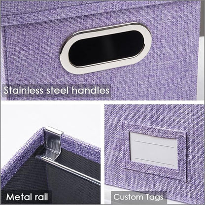 PRANDOM File Organizer Box - Set of 2 Collapsible Decorative Linen Filing Storage Hanging File Folders with Lids Office Cabinet Letter Size Purple (14x9.3x10.8 inch)