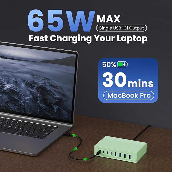 200W USB C Charger Block, 8-in-1 GaN III USB C Charger Fast Charging Station Hub, PD 65W Laptop Charging Adapter for MacBook Pro/Air/Dell XPS/iPhone 16/15/14/iPad/Galaxy S24 (Green)