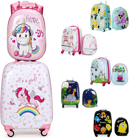 KOTEK Kids Carry On Luggage Set, 16" Hardside Rolling Suitcase with Spinner Wheels, Travel Rolling Luggage for Boys Girls (Colorful Horse)