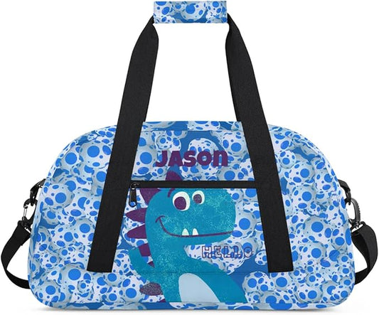 Personalized Duffel Bag for Kids Girls Boys, Dinosaur Custom Name Gym Bag Overnight with Padded Handles Carry On Weekend Sports Travel Bag for School Practice Gymnastics Ballet